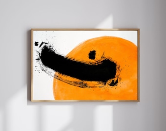 Abstract Sun Wall Art Print – Orange Black Minimalist Ink Art, Bold Living Room Decor, Zen Home Gift