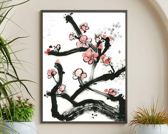 Pink Blossom Branch Art Print – Japanese Ink Floral Decor (Digital Download)