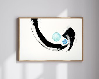 Minimalist Zen Ink Art | Black Brushstroke Print, Blue Circle, Japanese Style, Meditation Decor, Housewarming Gift, Calm Wall Art