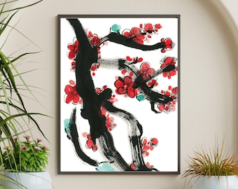 Japanese Ink Blossom Art Print – Red Floral Branch Living Room Decor (Digital Download)
