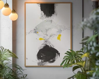 Black Ink Abstract Wall Art Print – Delicate Brushstroke, Yellow Accent, Minimal Living Room Decor