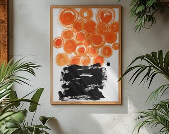 Abstract Orange Circles Black Brushstroke Print | Maximalist Statement Art