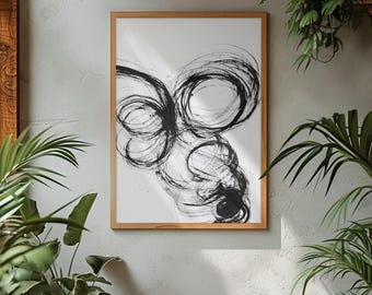 Abstract Ink Wall Art – Swirling Brushstroke Print, Modern Living Room Decor (Digital Download)
