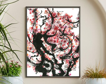 Japanese Ink Plum Blossom Art Print – Pink Floral Nature Wall Decor (Digital Download)