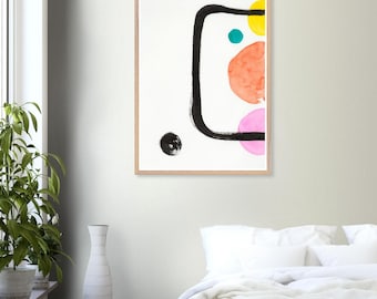 Framed Abstract Line Art Print – Bold Coral Pink Ink, Playful Living Room Decor