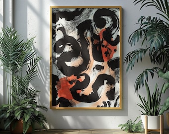 Abstract Black Coral Art Print | Minimalist Brushstroke Painting, Modern Decor