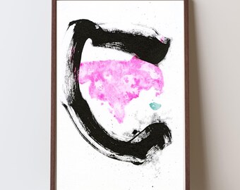 Pink Black Abstract Wall Art Print – Bold Ink Brushstroke, Feminine Living Room Decor, Modern Home Gift