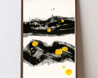 Black Yellow Abstract Wall Art Print – Bold Ink Landscape, Expressive Living Room Decor, Modern Home Gift
