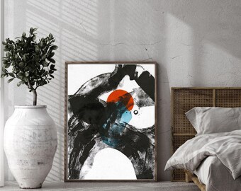 Abstract Ink Print – Bold Orange Sun, Teal Accent, Modern Zen Wall Art
