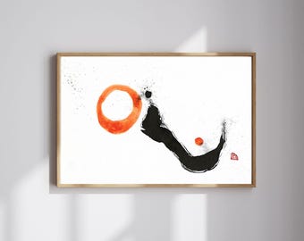 Orange Circle Ink Brushstroke Print – Minimalist Zen Wall Art
