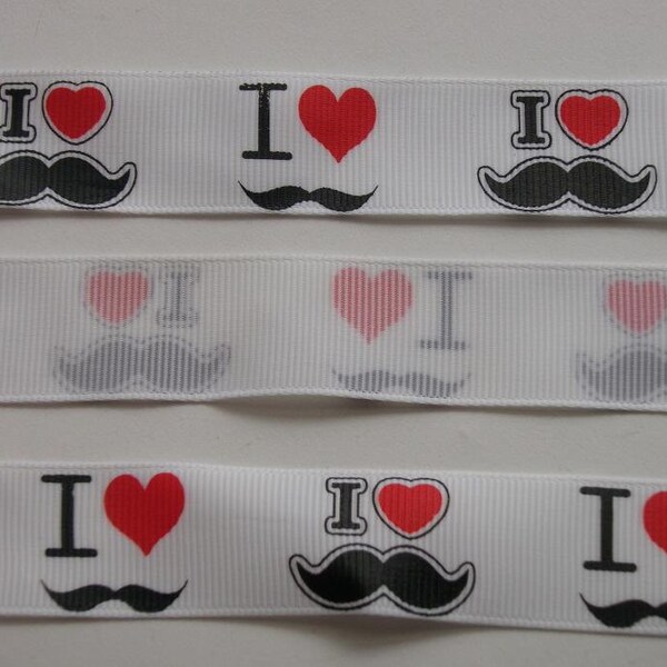 5 YARDS - 7/8" Printed Grosgrain I Love Mustache