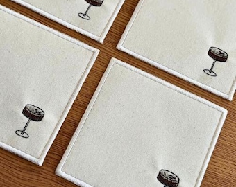 Embroidered Espresso Martini Linen Cocktail Napkins – Set of 4, Modern Barware