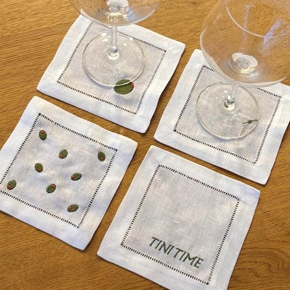 Martini Cocktail Napkins Set of 4 | Tini Time Embroidered Linen Napkins | Olive Martini Bar Cart Decor | Hostess Gift | Cocktail Party Decor