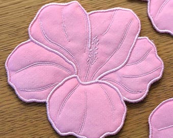 Pink Hibiscus Cocktail Napkins Set of 4 | Tropical Flower Coasters | Coastal Bar Cart Decor | Embroidered Hostess Gift | Palm Beach Style