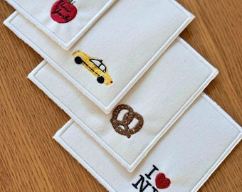 NYC Embroidered Cocktail Napkin Set | 4 Piece New York City Icon Set | Apple, Taxi, Pretzel & I <3 NY | Custom Gift