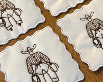 Western Cowboy Cocktail Napkins Set of 4 | Embroidered Linen Napkins | Western Bar Cart Decor | Ranch House Decor | Western Hostess Gift