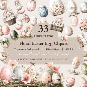33 Vintage Floral Easter Egg Clipart | Watercolor Chinoiserie & Pastel Eggs PNG | Farmhouse Spring Decor | Soft Coquette Bows