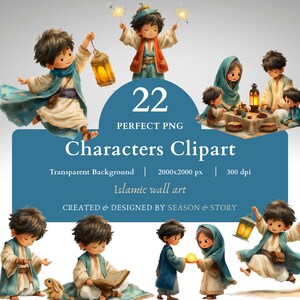 22 simpatici personaggi del Ramadan Clipart, ragazzi e ragazze musulmani PNG, arte digitale del Ramadan Eid, design di sublimazione islamica, download digitale