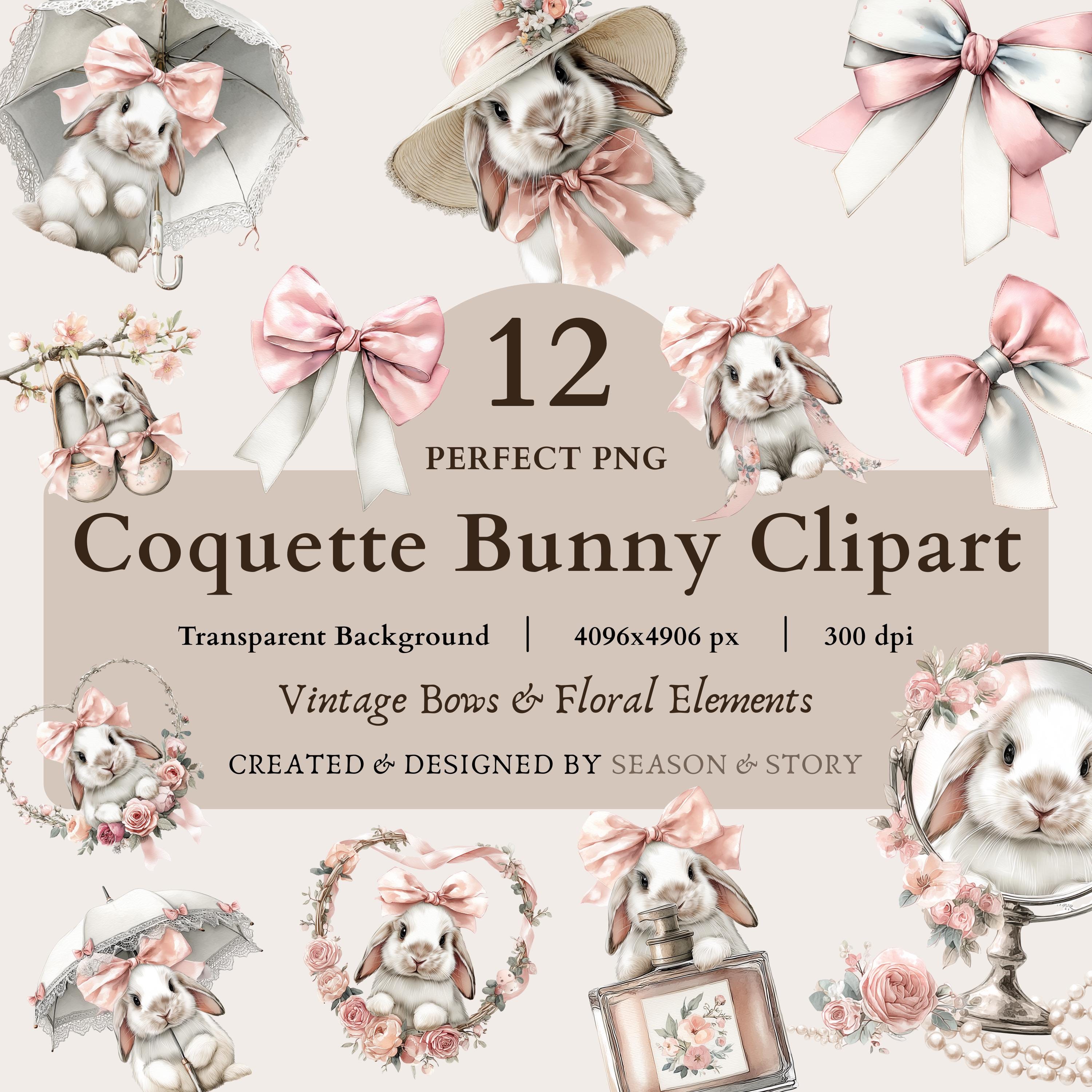 12 Coquette Bunny Clipart | Watercolor Rabbit With Bows PNG | Vintage ...