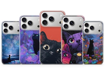 Funda de teléfono con diseño de gato negro kawaii para iPhone 17 Pro Max 16e 15 14 12 y Samsung S25 Ultra S24 FE A56 Pixel 10 XL 9a 8