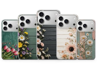Funda de madera con diseño floral para iPhone 17Pro, 16, 15, 14, 13, 12, Samsung S25, S24, S23Fe, S22, A16, A26, A56, Pixel 10, 9Pro