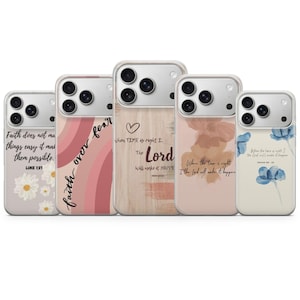 May include: Five phone cases with inspirational quotes and floral or abstract designs. The cases feature phrases like "Faith over fear" and "When time is right, the Lord will make it happen." Colors include pink, beige, and white.