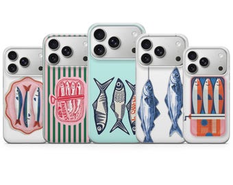 Funda retro para teléfono con diseño de lata de sardinas y peces.