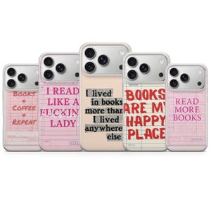 May include: Several phone cases with book-related quotes in a pink and cream colour scheme. The cases display phrases such as "I read like a fuckin lady" and "Books are my happy place" in a bold font.