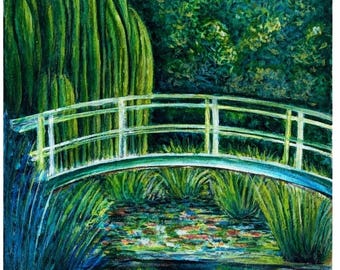 Bridge over Water Lily Pond – Original Watercolor Landscape, Impressionist Style Nature Painting on Arches Paper, One of a Kind