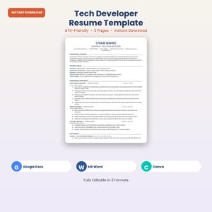 Curriculum vitae per sviluppatore tecnologico / Modello CV ATS / Google Docs, Canva e MS Word