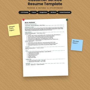 May include: A white resume template titled Customer Service Resume Template with black text, featuring sections for professional summary, work experience, education, skills, and certifications, accompanied by yellow and blue sticky notes.