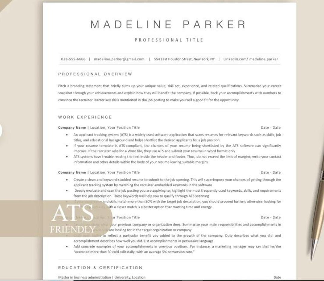 ATS Friendly Resume Template | Professional CV | Canva Editable Instant ...