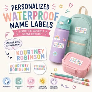 May include: Personalized waterproof name labels with the text KOURTNEY ROBINSON in pastel colors. The set includes rectangular and circular stickers applied to a light purple water bottle, a mint green backpack, a pink lunch box, and two pencils.