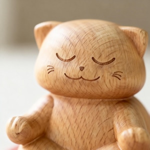 以下が含まれることがあります： 座った姿勢で目を閉じ、穏やかな表情をした木製の猫の置物。明るい茶色の木目が確認でき、猫の特徴が繊細にエッチングされています。ミニマリストなデザインで、インテリアに最適です。