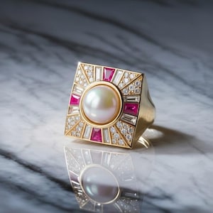 May include: A gold ring with a large, round pearl center, surrounded by a square frame. The frame features alternating red and white stones, and is encrusted with small diamonds. The ring is set against a marble surface.