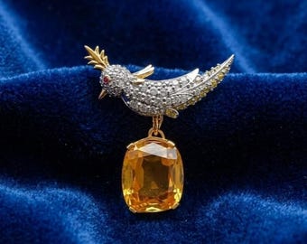 Vintage Bird on Rock Brooch – Canary Yellow Cushion Cut, Pink Sapphire Eye