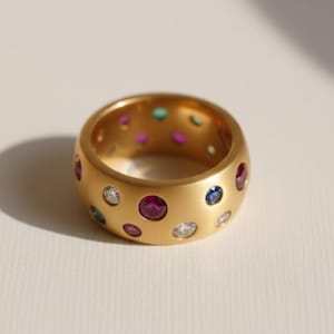 Multi Gemstone Confetti Ring – 14k Gold Plated Band, Scattered Rainbow Stones