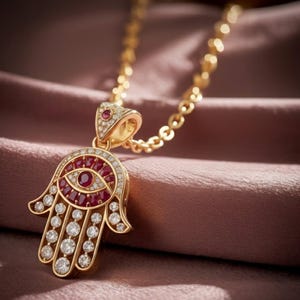 May include: Gold-toned Hamsa hand pendant necklace with a delicate chain. The pendant features a central eye design with a ruby center, surrounded by white gemstones and ruby accents. The hand's fingers are adorned with round, white gemstones.