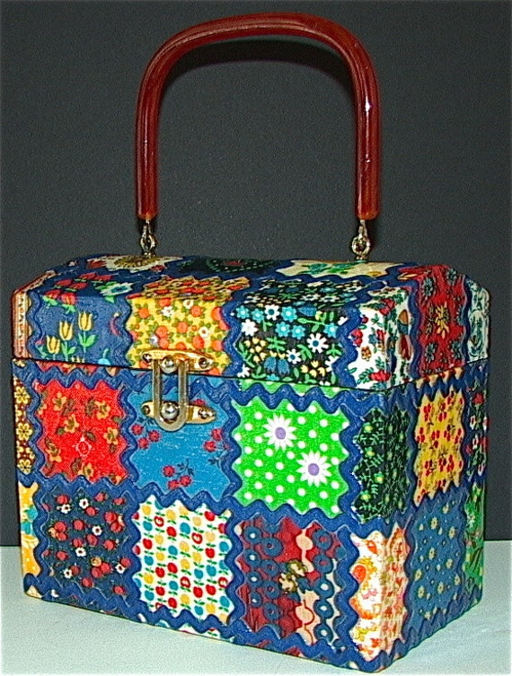 Vintage 1960's CALICO PATCHWORK Wooden Box Bag MI… - image 1