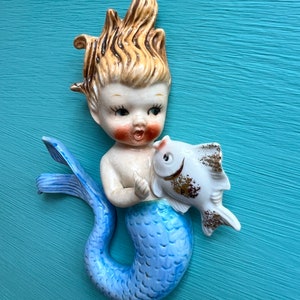 Mermaid Norcrest Vintage MCM Wall Plaque Girl Holding Fish Excellent