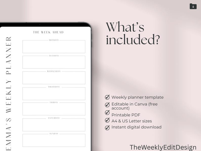 Editable Weekly Planner Canva Template | Digital Weekly Planner ...