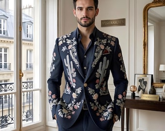 Mens Black Embroidered Style Suit, Floral Printed Designer Suit for Men, Luxury Wedding Suit, Elegant Groom Outfit, Artistic Formal Suit,