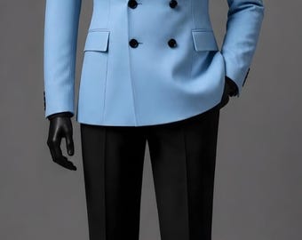 Mens Sky Blue Double Breasted Suit, Luxury Wedding Suit for Men, Powder Blue Formal Suit, Groom Reception Suit, Designer Tailored Suit,