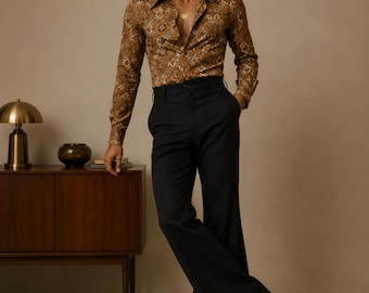 Pantalones acampanados negros para hombre, estilo retro de los años 70, cintura alta y corte entallado.