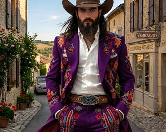 Mens Purple Embroidered Style Suit, Luxury Printed Designer Suit for Men, Statement Wedding Suit, Artistic Groom Outfit, Bold Formal Suit,
