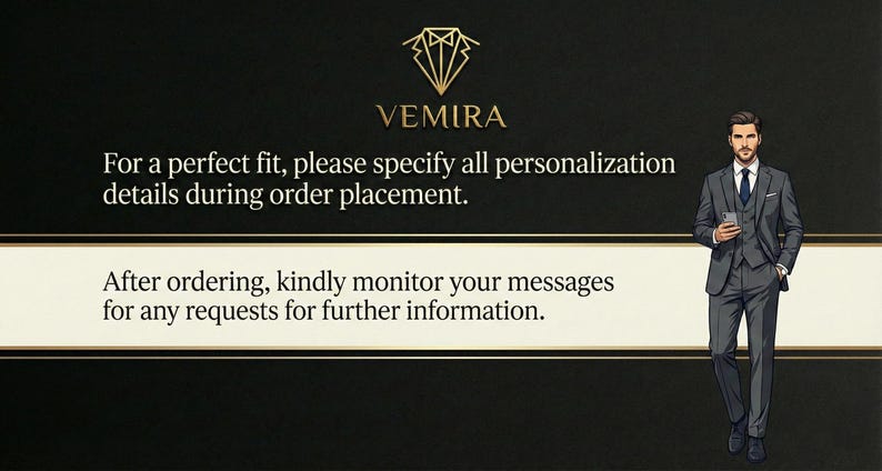 Puede incluir: Imagen con el logo VEMIRA y texto: "Para un ajuste perfecto, especifique todos los detalles de personalizaci&oacute;n al realizar el pedido. Despu&eacute;s de realizar el pedido, controle sus mensajes para cualquier solicitud de informaci&oacute;n." Un hombre con traje gris.