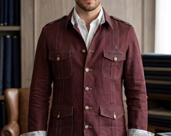 Mens Burgundy Safari Jacket, Luxury Linen Utility Jacket for Men, Old Money Style Blazer, Tailored Field Jacket, Quiet Luxury Menswear,