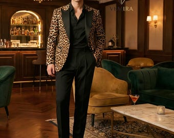 Men's Leopard Print Velvet Tuxedo Blazer | Satin Lapel Dinner Jacket