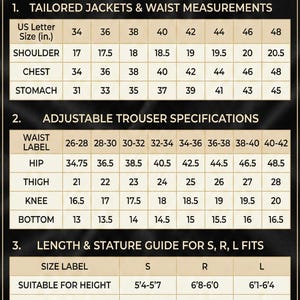 May include: A chart from Vemira Premium Menswear with jacket and trouser measurements in inches. Includes shoulder, chest, and stomach sizes, as well as waist, hip, thigh, knee, and bottom measurements. Also includes a length and stature guide.
