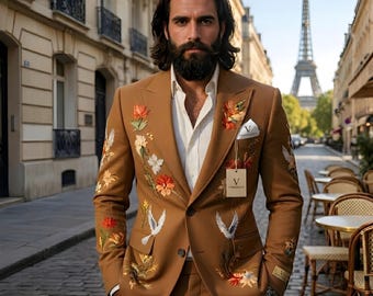 Mens Brown Embroidered Style Suit, Floral Printed Designer Suit for Men, Luxury Wedding Suit, Statement Groom Outfit, Artistic Formal Suit,